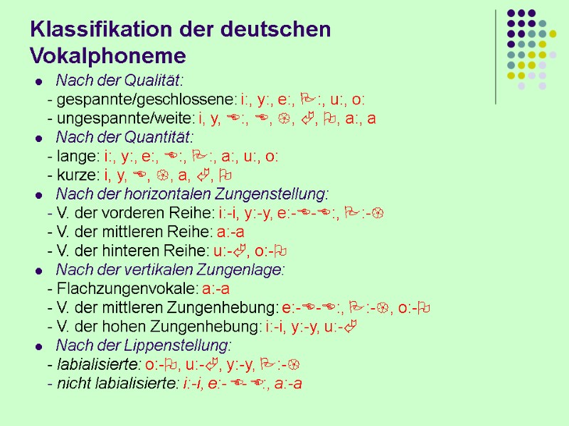Klassifikation der deutschen Vokalphoneme Nach der Qualität:    - gespannte/geschlossene: i:, y:,